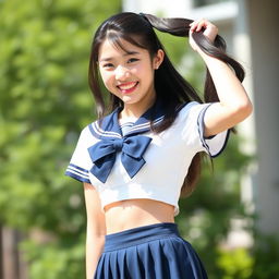 A cheerful young Japanese woman standing outdoors in a bright and sunny setting, with blurred greenery in the background