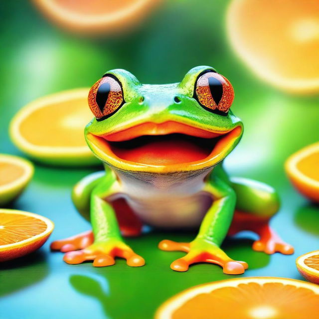 A vibrant digital art image in high resolution, featuring a lively and colorful frog with a wide mouth, indulging in a juicy orange