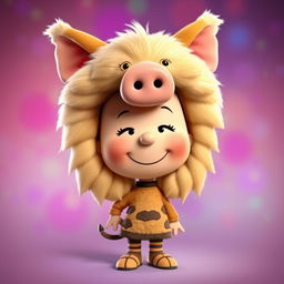 A female cartoon character from Peanuts dressed as Pumbaa, the beloved wild boar from The Lion King