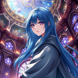 A stunning light novel cover featuring a female character with long, flowing blue hair that cascades elegantly down her back
