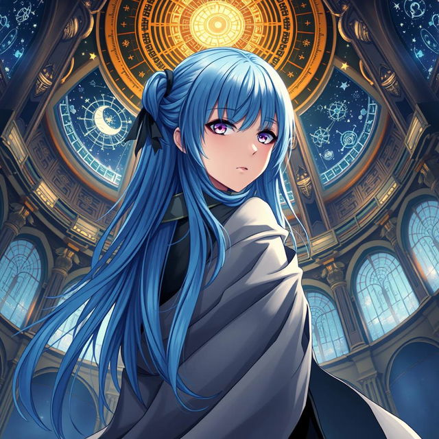 A stunning light novel cover featuring a female character with long, flowing blue hair that cascades elegantly down her back