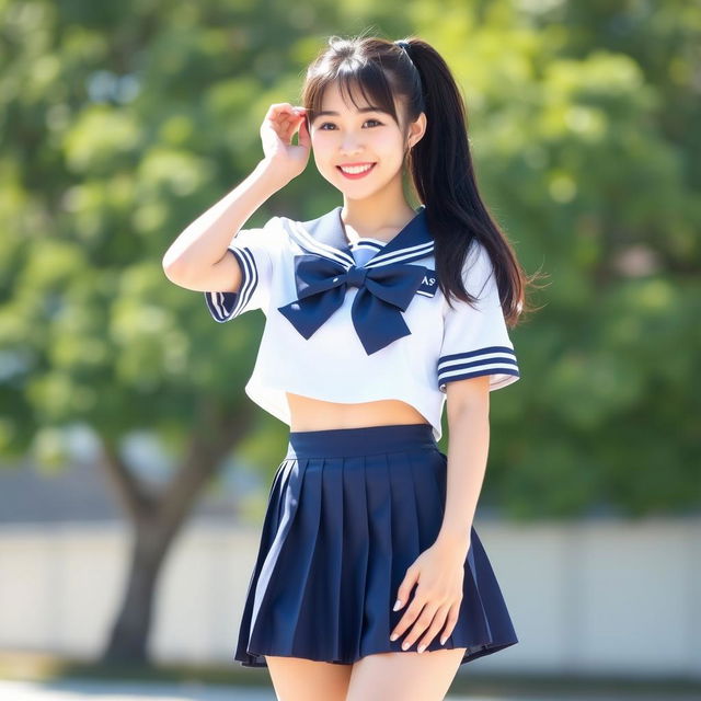 A cheerful young Japanese woman standing outdoors in a bright and sunny setting with blurred greenery in the background