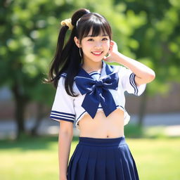 A cheerful young Japanese woman standing outdoors in a bright and sunny setting with blurred greenery in the background