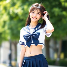 A cheerful young Japanese woman standing outdoors in a bright and sunny setting with blurred greenery in the background