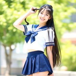 A cheerful young Japanese woman standing outdoors in a bright and sunny setting with blurred greenery in the background