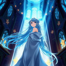 A mesmerizing light novel cover featuring a female character with long, flowing blue hair shimmering in the light