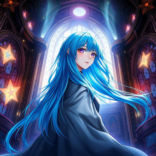 A mesmerizing light novel cover featuring a female character with long, flowing blue hair shimmering in the light