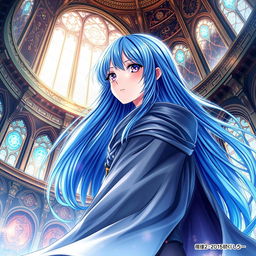 A mesmerizing light novel cover featuring a female character with long, flowing blue hair shimmering in the light