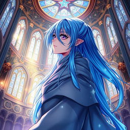A mesmerizing light novel cover featuring a female character with long, flowing blue hair shimmering in the light