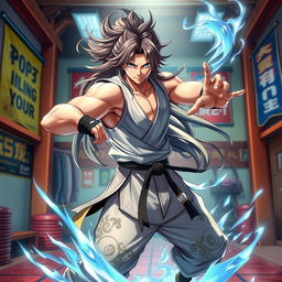 A dynamic and captivating character portrait of Suiryu, featuring him in an action-packed pose showcasing his unique martial arts techniques