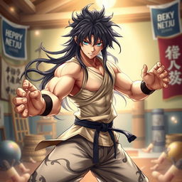 A dynamic and captivating character portrait of Suiryu, featuring him in an action-packed pose showcasing his unique martial arts techniques
