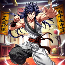 A dynamic and captivating character portrait of Suiryu, featuring him in an action-packed pose showcasing his unique martial arts techniques