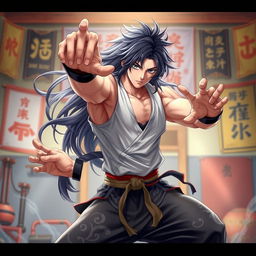 A dynamic and captivating character portrait of Suiryu, featuring him in an action-packed pose showcasing his unique martial arts techniques