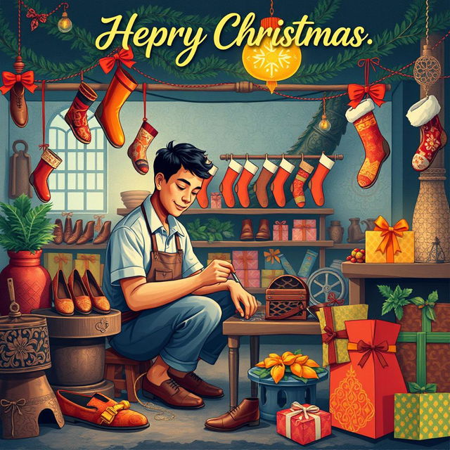 An illustration design for a Christmas greeting card featuring a male shoemaker at work in a factory, set against a backdrop that beautifully reflects Javanese culture