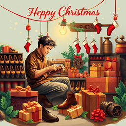 An illustration design for a Christmas greeting card featuring a male shoemaker at work in a factory, set against a backdrop that beautifully reflects Javanese culture