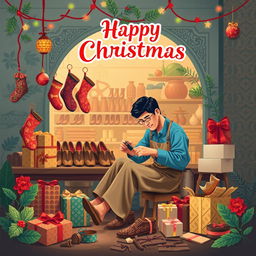 An illustration design for a Christmas greeting card featuring a male shoemaker at work in a factory, set against a backdrop that beautifully reflects Javanese culture