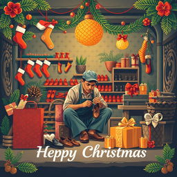 An illustration design for a Christmas greeting card featuring a male shoemaker at work in a factory, set against a backdrop that beautifully reflects Javanese culture