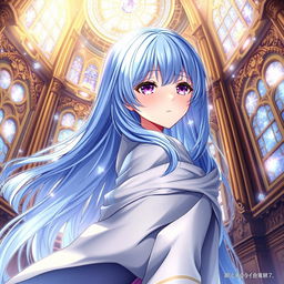 An enchanting light novel cover showcasing a female character with long, flowing blue hair that cascades elegantly around her shoulders