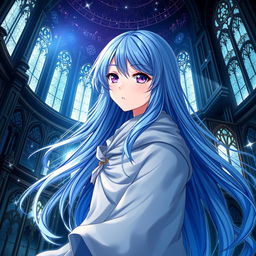 An enchanting light novel cover showcasing a female character with long, flowing blue hair that cascades elegantly around her shoulders