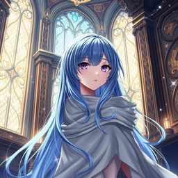 An enchanting light novel cover showcasing a female character with long, flowing blue hair that cascades elegantly around her shoulders