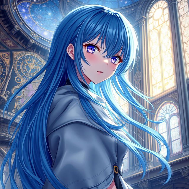 An enchanting light novel cover showcasing a female character with long, flowing blue hair that cascades elegantly around her shoulders