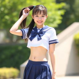 A cheerful young Japanese woman standing outdoors in a bright and sunny setting, with blurred greenery in the background