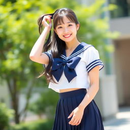 A cheerful young Japanese woman standing outdoors in a bright and sunny setting, with blurred greenery in the background