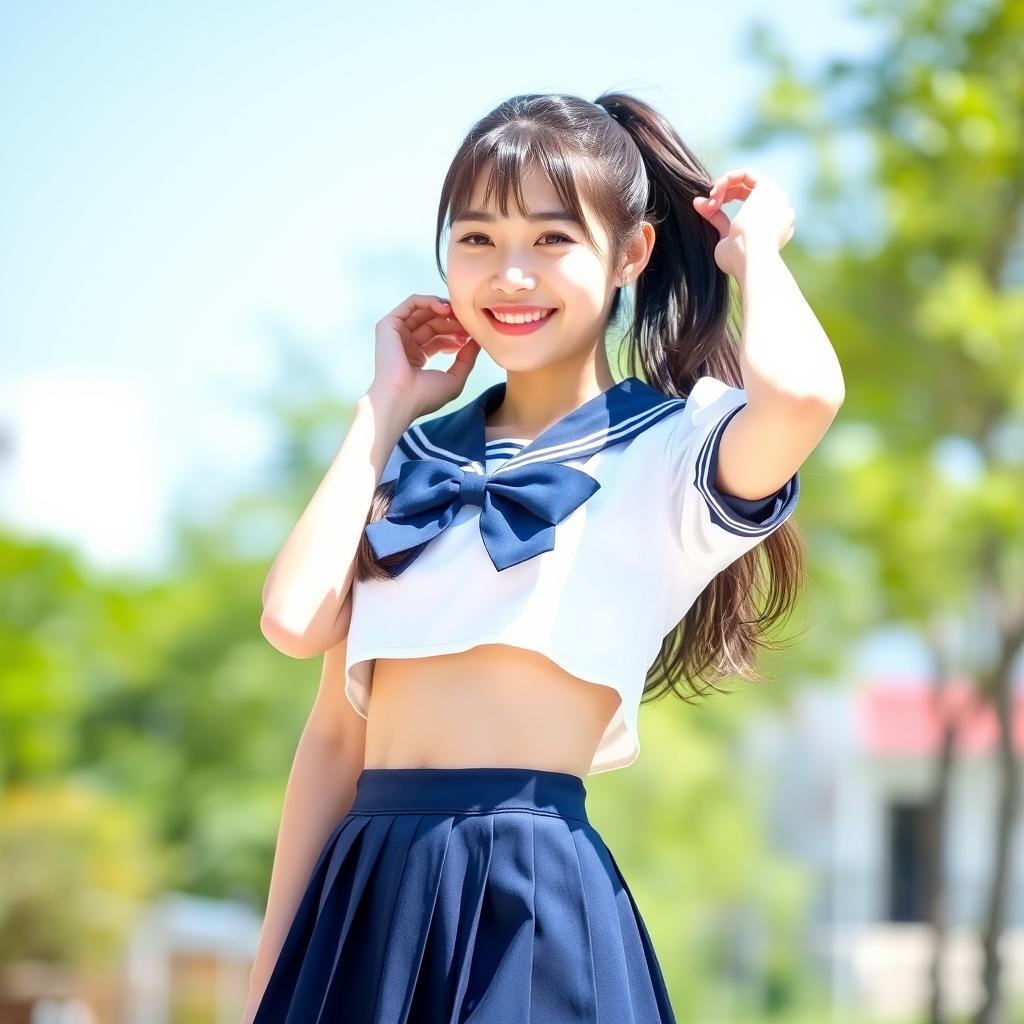 A cheerful young Japanese woman standing outdoors in a bright and sunny setting, with blurred greenery in the background