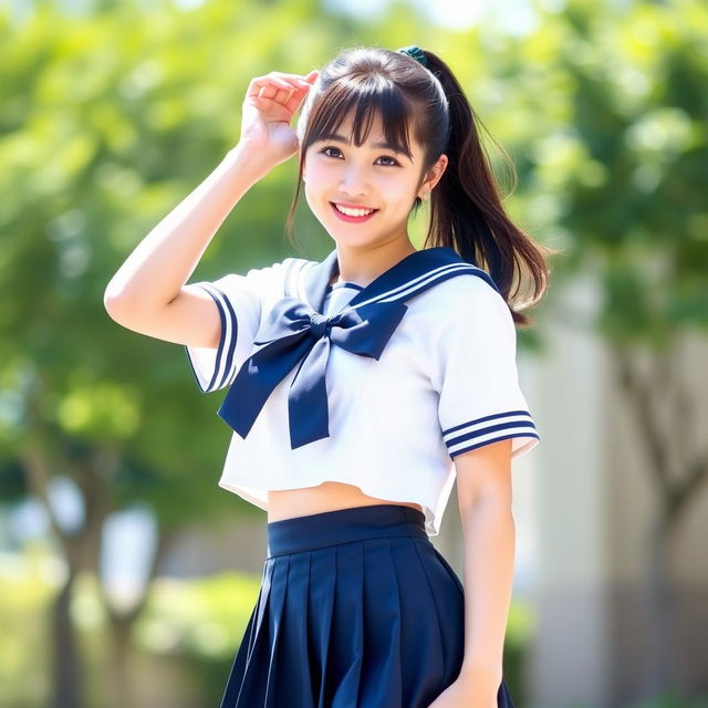 A cheerful young Japanese woman standing outdoors in a bright and sunny setting, with blurred greenery in the background