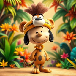 A Peanuts cartoon character dressed as Pumbaa from The Lion King, complete with a distinctive headpiece that captures the essence of Pumbaa's look