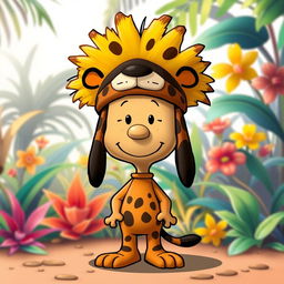A Peanuts cartoon character dressed as Pumbaa from The Lion King, complete with a distinctive headpiece that captures the essence of Pumbaa's look