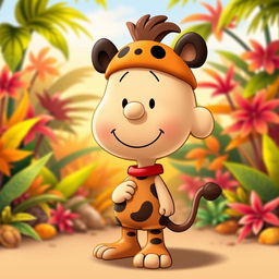 A Peanuts cartoon character dressed as Pumbaa from The Lion King, complete with a distinctive headpiece that captures the essence of Pumbaa's look
