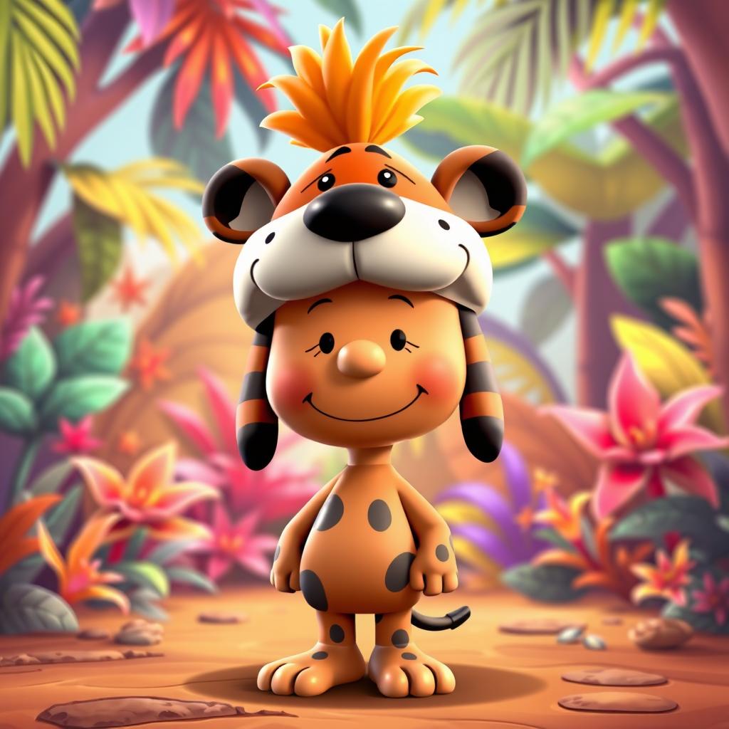 A Peanuts cartoon character dressed as Pumbaa from The Lion King, complete with a distinctive headpiece that captures the essence of Pumbaa's look