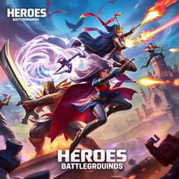 A dynamic and visually striking scene from a fictional battle in the game 'HEROES Battlegrounds', showcasing a diverse group of heroes engaged in an intense fight