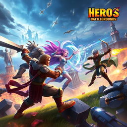 A dynamic and visually striking scene from a fictional battle in the game 'HEROES Battlegrounds', showcasing a diverse group of heroes engaged in an intense fight