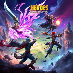 A dynamic and visually striking scene from a fictional battle in the game 'HEROES Battlegrounds', showcasing a diverse group of heroes engaged in an intense fight