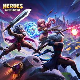 A dynamic and visually striking scene from a fictional battle in the game 'HEROES Battlegrounds', showcasing a diverse group of heroes engaged in an intense fight