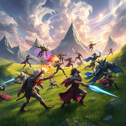 A dynamic and action-packed scene showcasing a battleground from a video game, featuring powerful characters in intense combat