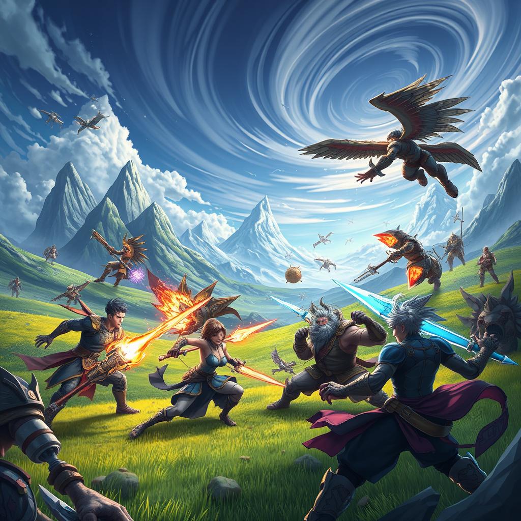 A dynamic and action-packed scene showcasing a battleground from a video game, featuring powerful characters in intense combat