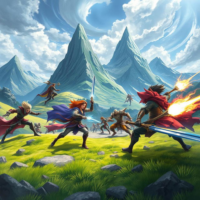 A dynamic and action-packed scene showcasing a battleground from a video game, featuring powerful characters in intense combat