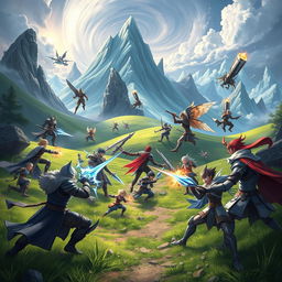 A dynamic and action-packed scene showcasing a battleground from a video game, featuring powerful characters in intense combat