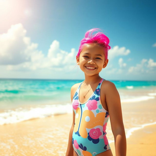 A vibrant and cheerful Filipina girl with bright pink hair, wearing a stylish one-piece swimsuit, standing by a pristine beach