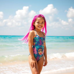 A vibrant and cheerful Filipina girl with bright pink hair, wearing a stylish one-piece swimsuit, standing by a pristine beach