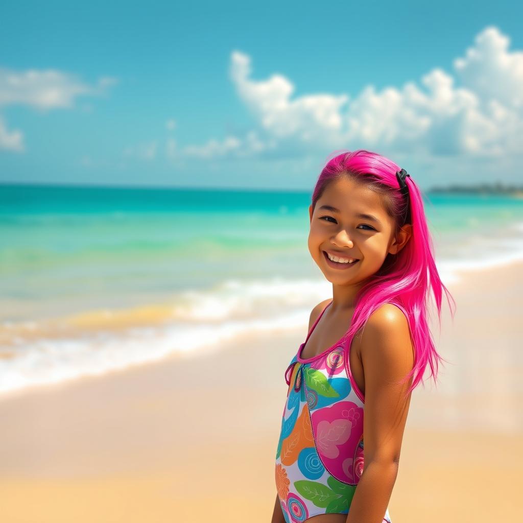 A vibrant and cheerful Filipina girl with bright pink hair, wearing a stylish one-piece swimsuit, standing by a pristine beach
