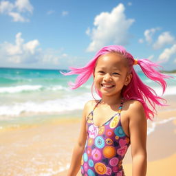 A vibrant and cheerful Filipina girl with bright pink hair, wearing a stylish one-piece swimsuit, standing by a pristine beach