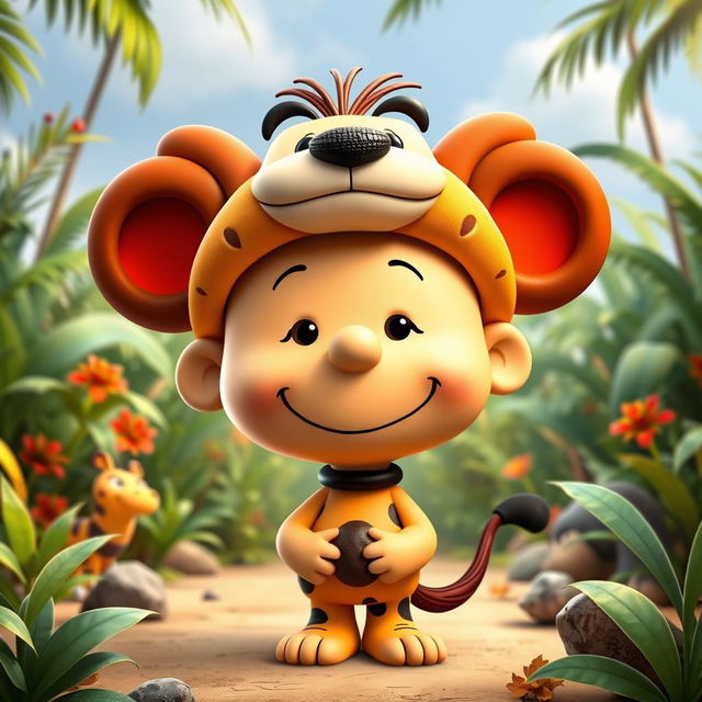 A Peanuts cartoon character creatively dressed as Pumbaa from The Lion King, featuring a distinct headpiece that captures Pumbaa's characteristics