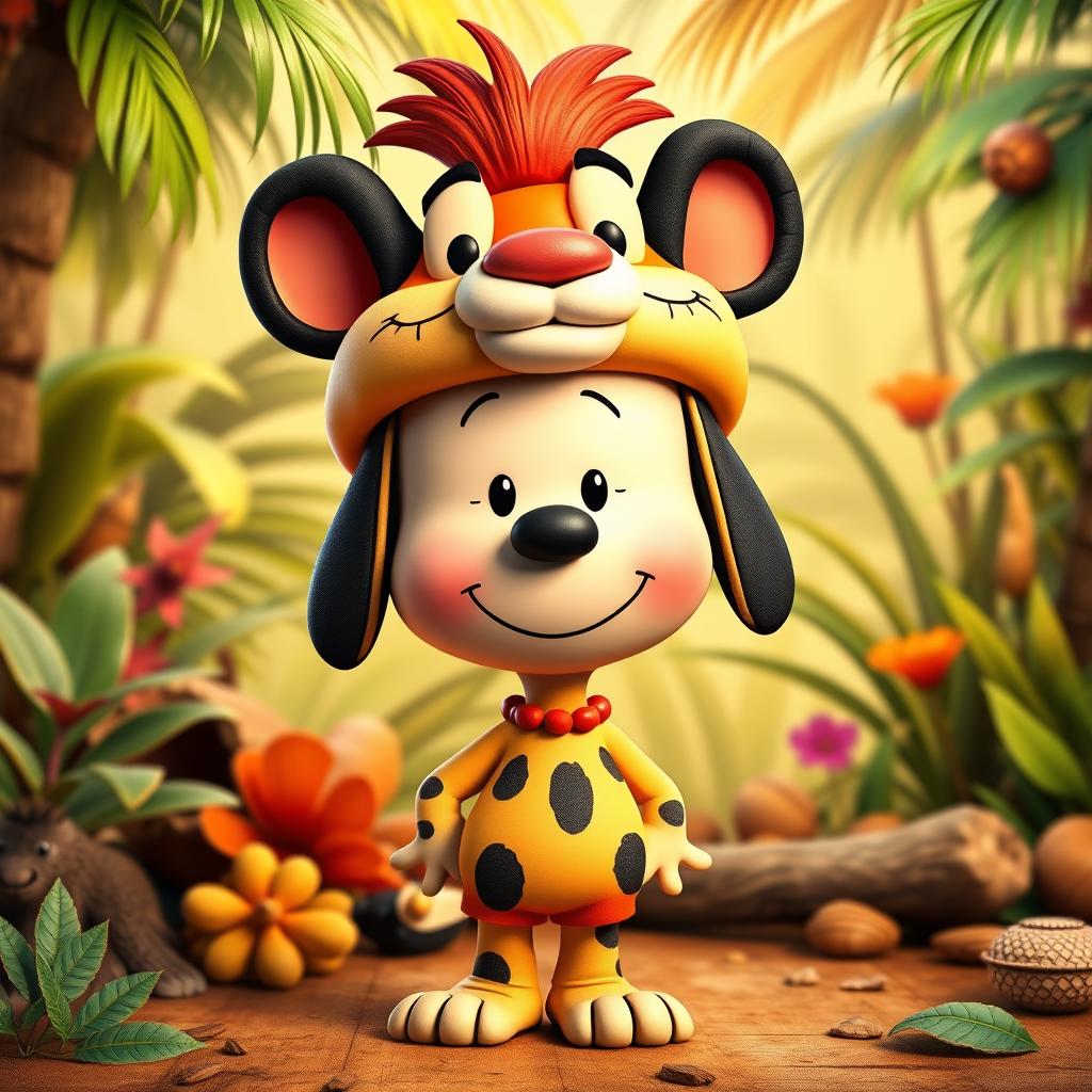 A Peanuts cartoon character creatively dressed as Pumbaa from The Lion King, featuring a distinct headpiece that captures Pumbaa's characteristics