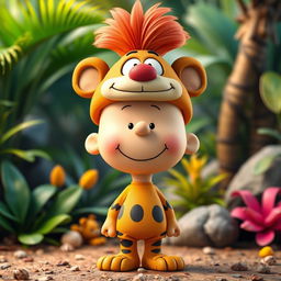 A Peanuts cartoon character creatively dressed as Pumbaa from The Lion King, featuring a distinct headpiece that captures Pumbaa's characteristics