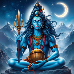 A majestic representation of Lord Shiva, depicted in a serene and meditative pose, surrounded by ethereal mountain landscapes