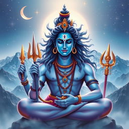A majestic representation of Lord Shiva, depicted in a serene and meditative pose, surrounded by ethereal mountain landscapes